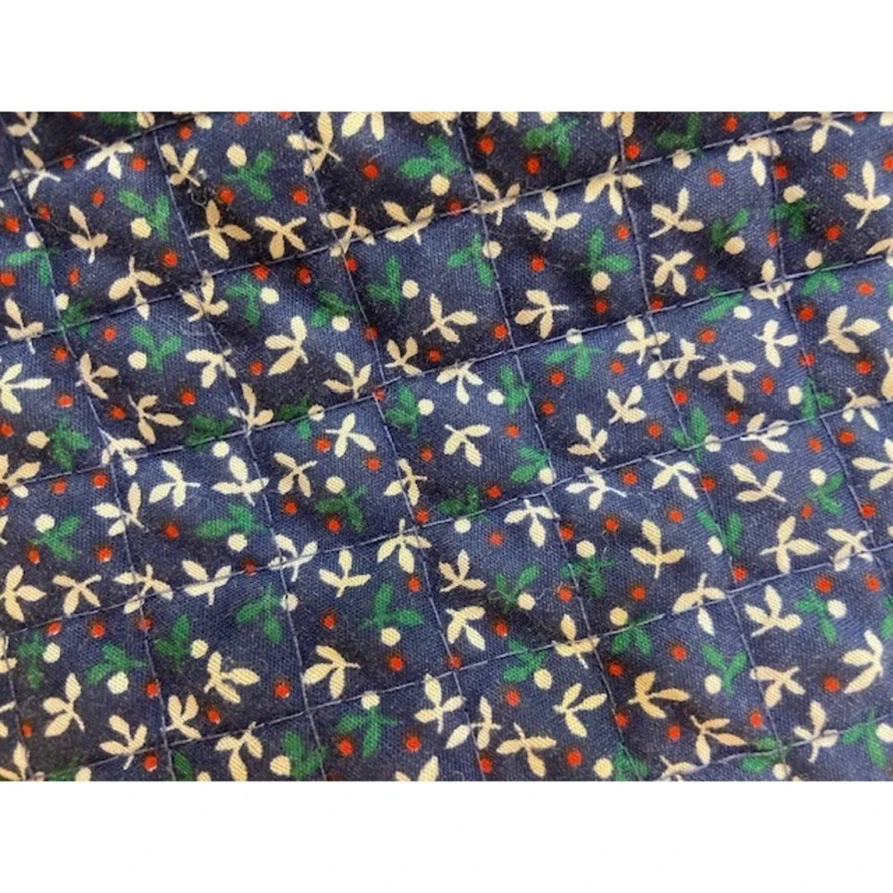 Vintage Navy Blue Calico Floral Quilted Ruffle Oval Placemats Set of 3 Cottage
